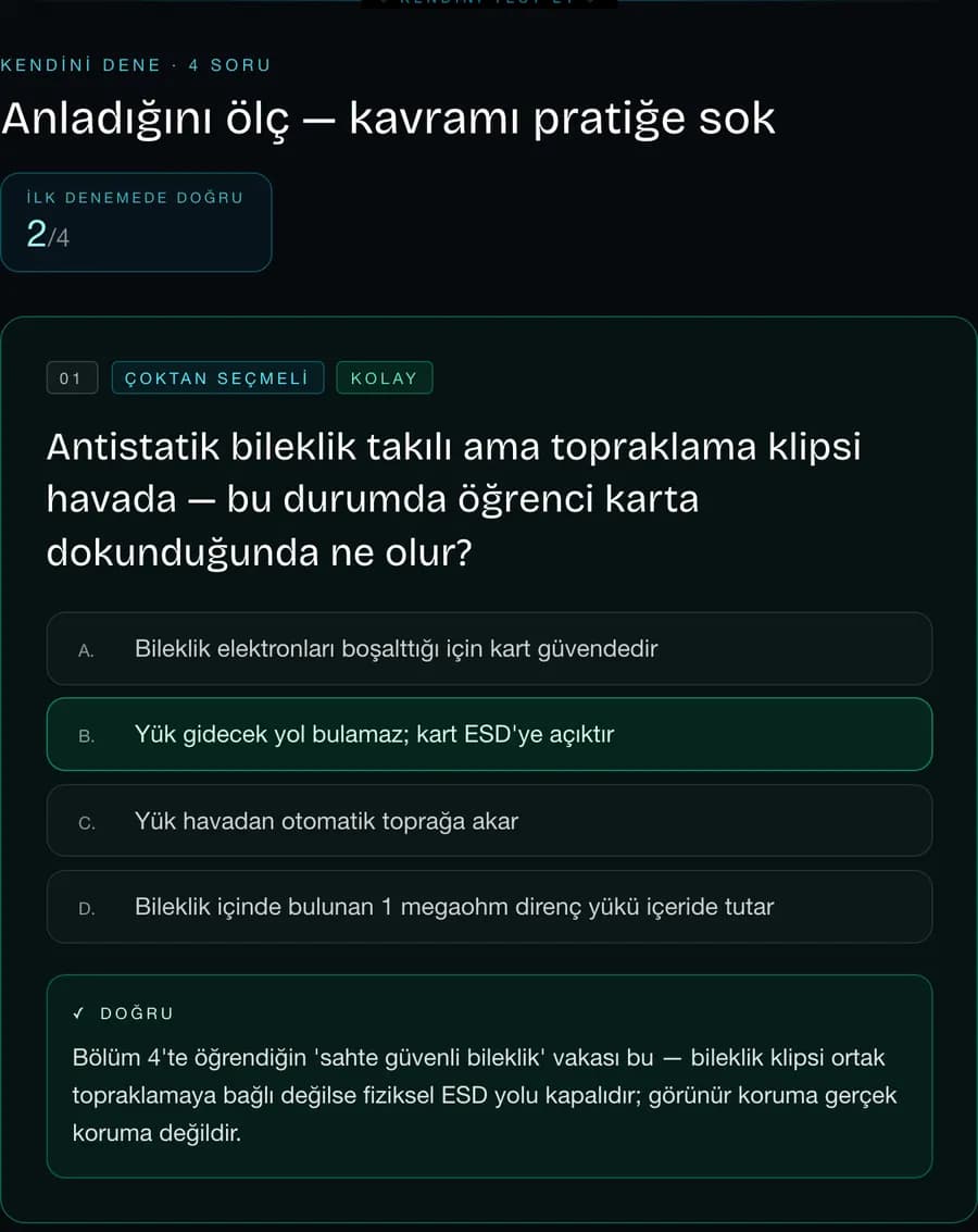Kontrol soruları ekranı: ilk denemede doğru sayısı ve gerekçeler
