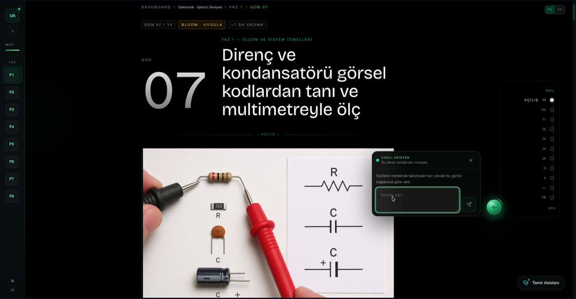 Faz 1 · Gün 07 — asistan sayfadan çıkmadan açılıyor, soru o günün içeriğinden cevaplanıyor.