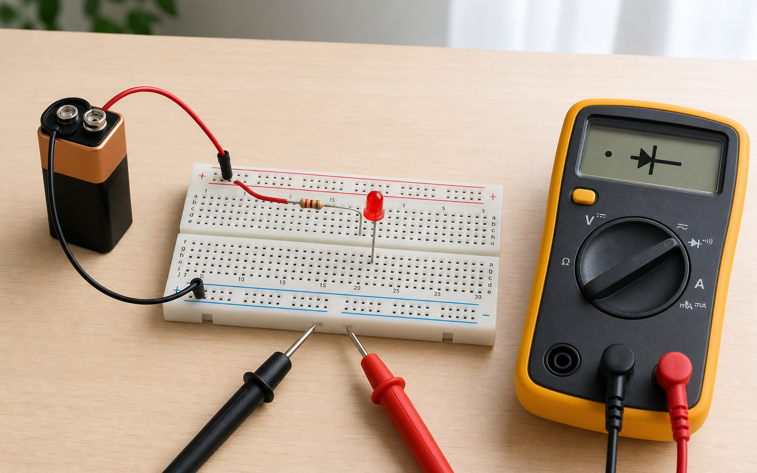Bir breadboard üzerinde 9V pil kırmızı ve siyah kablolarla bir direnç ve LED'e bağlı kapalı bir devre; yanında multimetre süreklilik/diyot modunda. Elektriğin yük akışı olduğunu ve LED'in yanabilmesi için akımın geri dönebileceği kapalı bir yol gerektiğini gösterir.