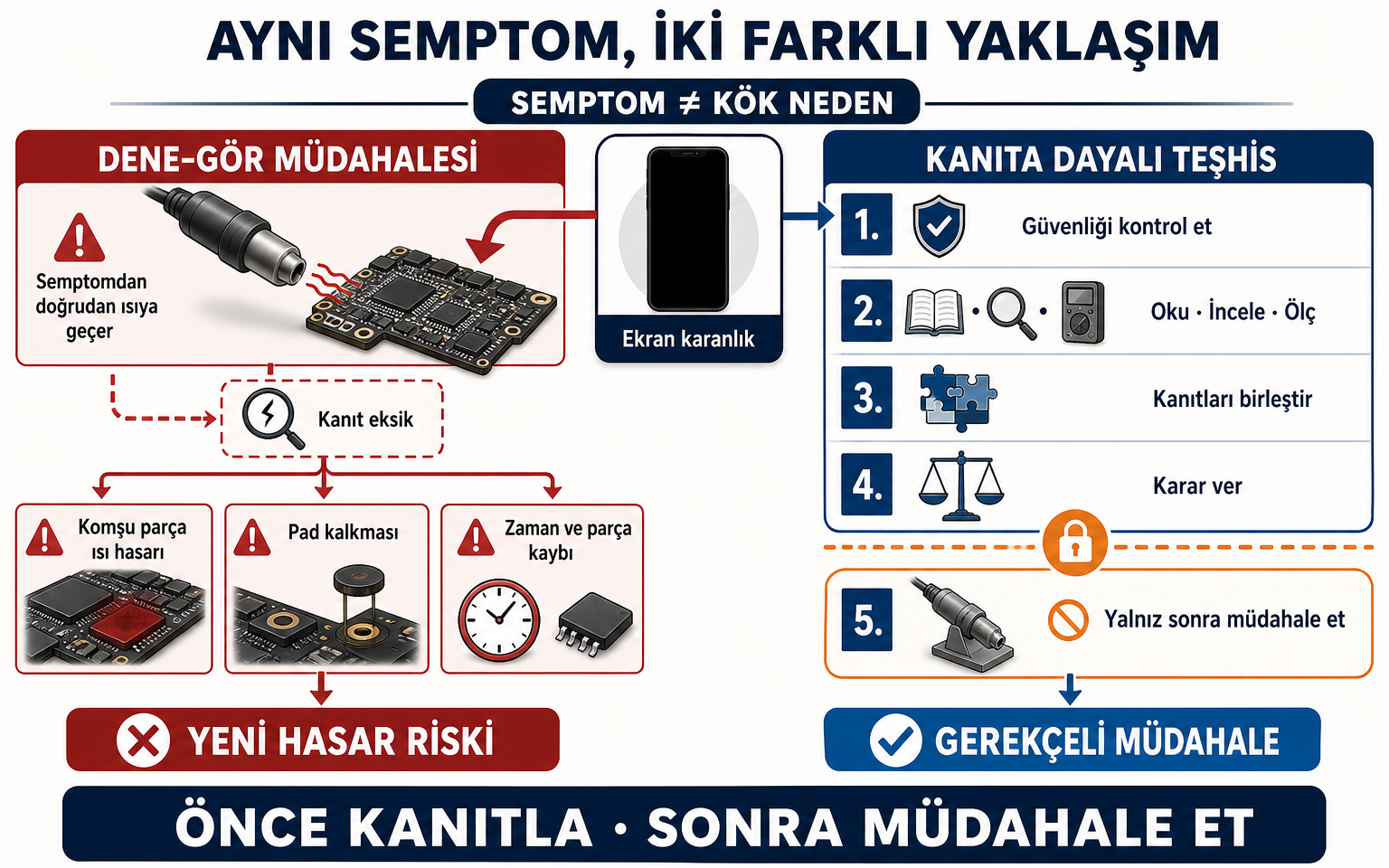 Aynı karanlık ekran semptomuna iki yaklaşımı karşılaştıran Türkçe panel: solda kanıt toplamadan doğrudan ısı uygulamanın komşu parça hasarı, pad kalkması ve zaman/parça kaybı riski; sağda güvenlik kontrolü, okuma-inceleme-ölçüm, kanıt sentezi, karar ve yalnız sonra müdahale akışı gösterilir.