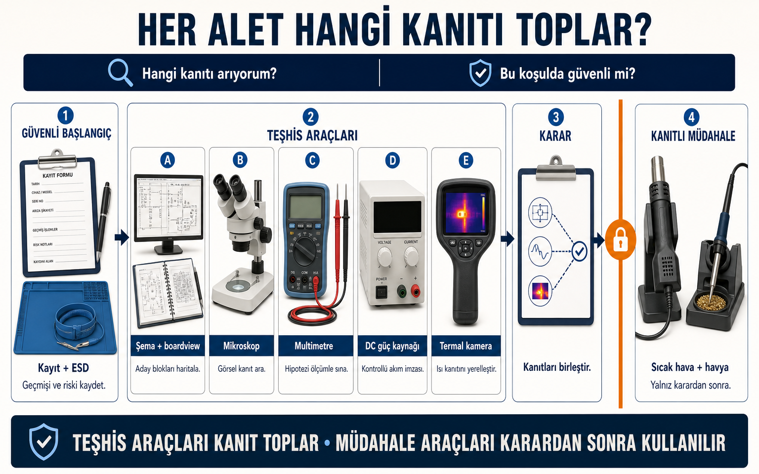 Türkçe araç-kanıt haritası: kayıt formu ve ESD alanı güvenli başlangıcı; şema/boardview, mikroskop, multimetre, kapalı DC güç kaynağı ve termal kamera teşhis kanıtlarını; karar kartı kanıt sentezini; turuncu sınırın arkasındaki sıcak hava ve havya yalnız kanıtlı müdahaleyi gösterir.