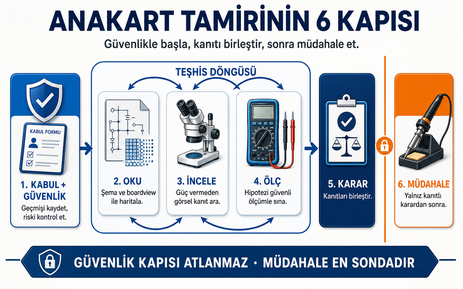Anakart tamirinin altı kapısını gösteren Türkçe öğretici panel: KABUL + GÜVENLİK ile başlanır; OKU, İNCELE ve ÖLÇ teşhis döngüsü içinde birbirini besler; kanıtlar KARAR aşamasında birleştirilir ve MÜDAHALE yalnız kanıtlı karardan sonra gelir.