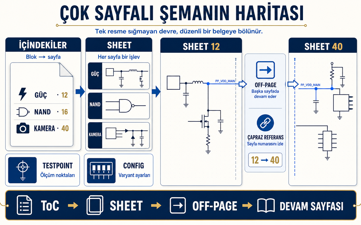 Çok sayfalı şema belgesinin haritası: içindekiler, sheet sayfaları, testpoint ve config bölümleri; PP_VDD_MAIN hattı sheet 12'den sheet 40'a off-page bağlantıyla devam eder.