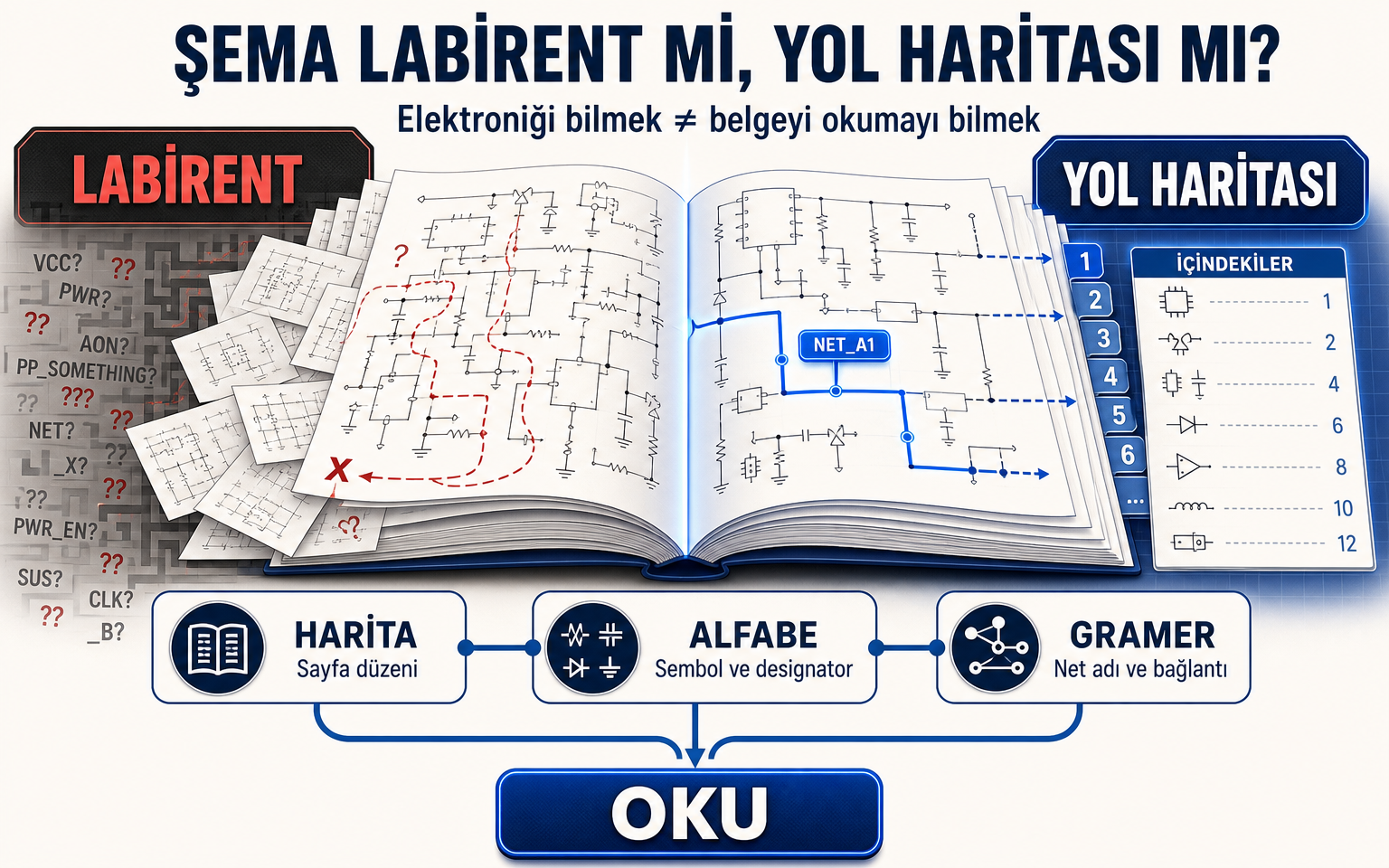 Şema okuma açılış görseli: solda karmaşık bir labirent, sağda düzenli yol haritası; harita, alfabe ve gramer adımları şemayı okunabilir bir belgeye dönüştürüyor.